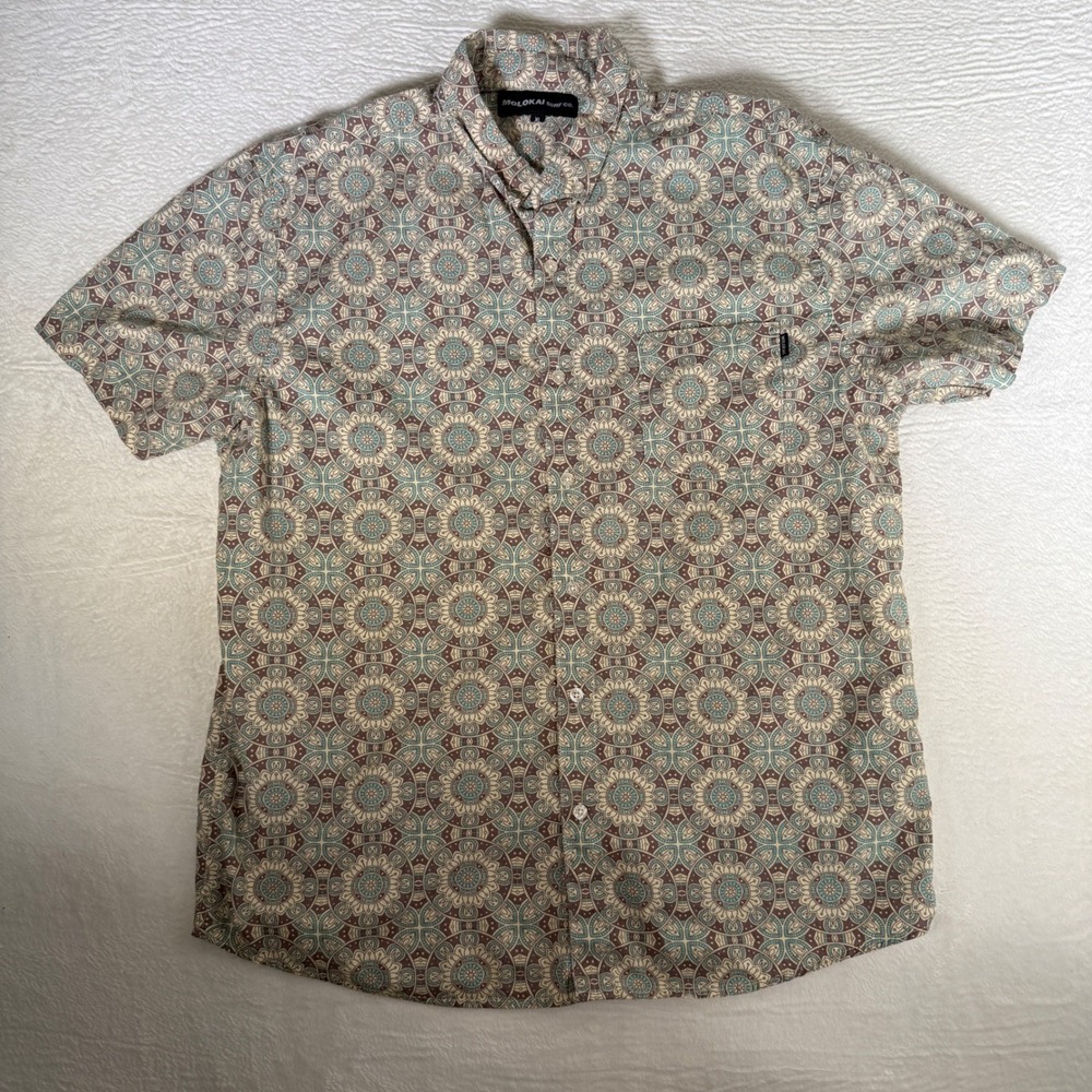 Molokai Surf Co Mens XL Short Sleeve‎ Button Down Shirt Cotton Mandala Tan Teal